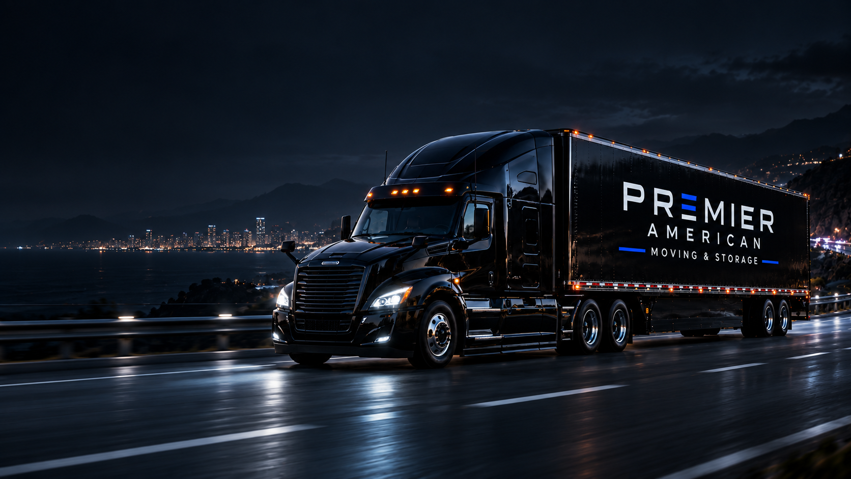 Premier American branded moving truck on a dramatic night road — brand illustration